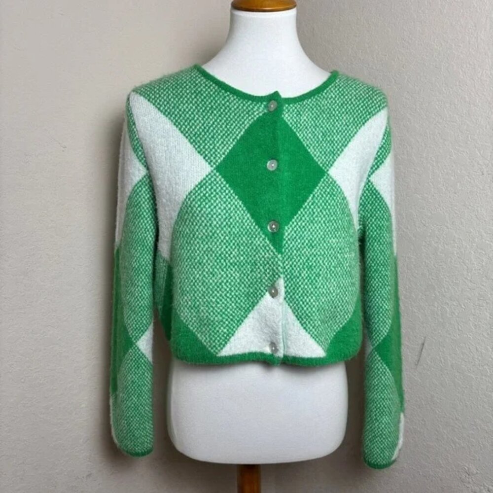 Zara Argyle Jacquard Knit Cardigan Prep - Picture 6 of 13